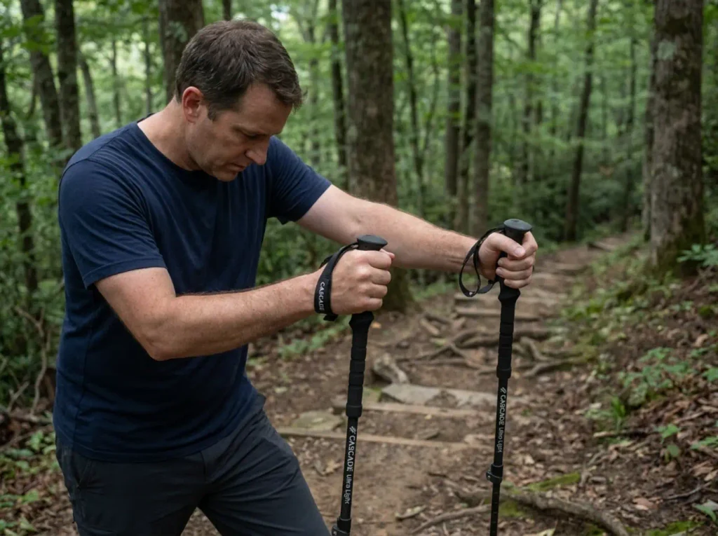 Hiker resting with trekking poles partway up a steep Blue Ridge climb in North Carolina