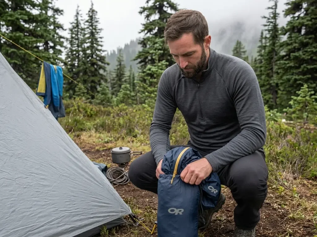 Ultralight Outdoor Research Helium rain jacket being packed down at a wet Cascades camp