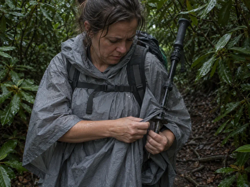 Hiker freeing a poncho hem caught on a trekking pole in dense trailside brush