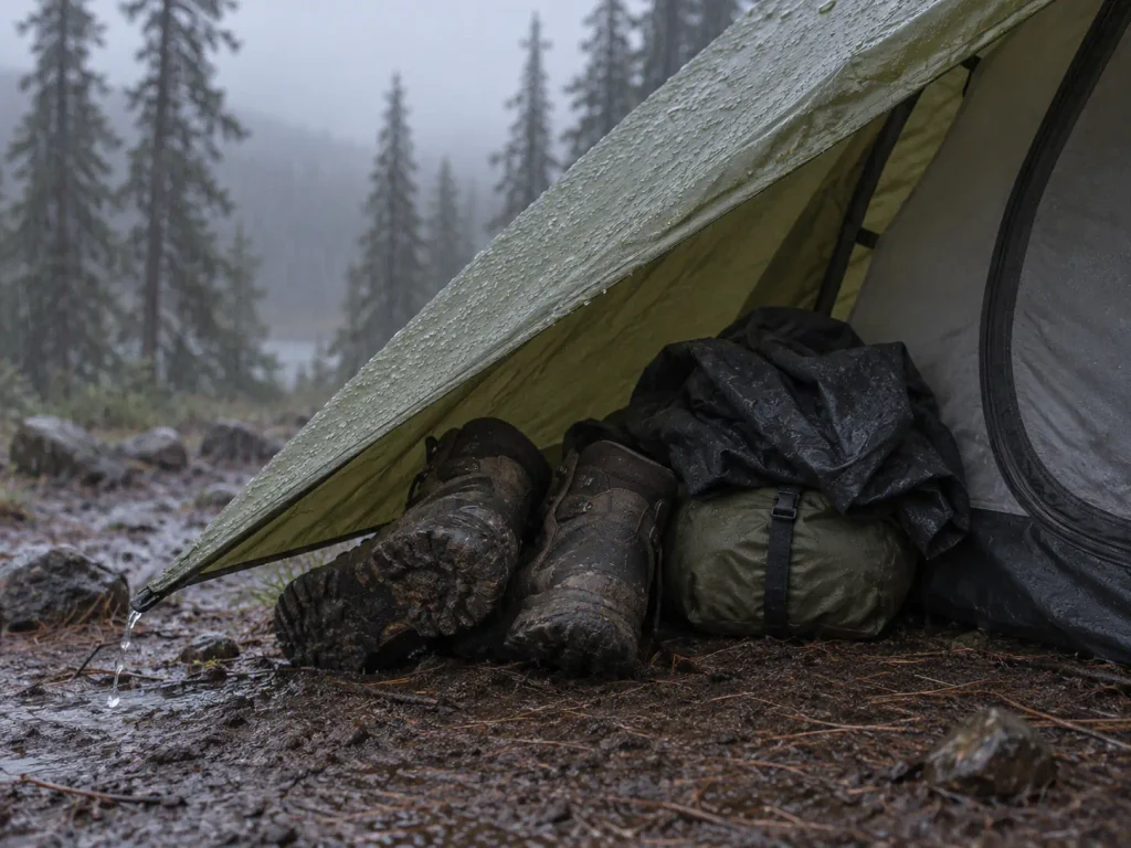 Muddy hiking boots and a wet rain jacket stored under a backpacking tent vestibule in the rain