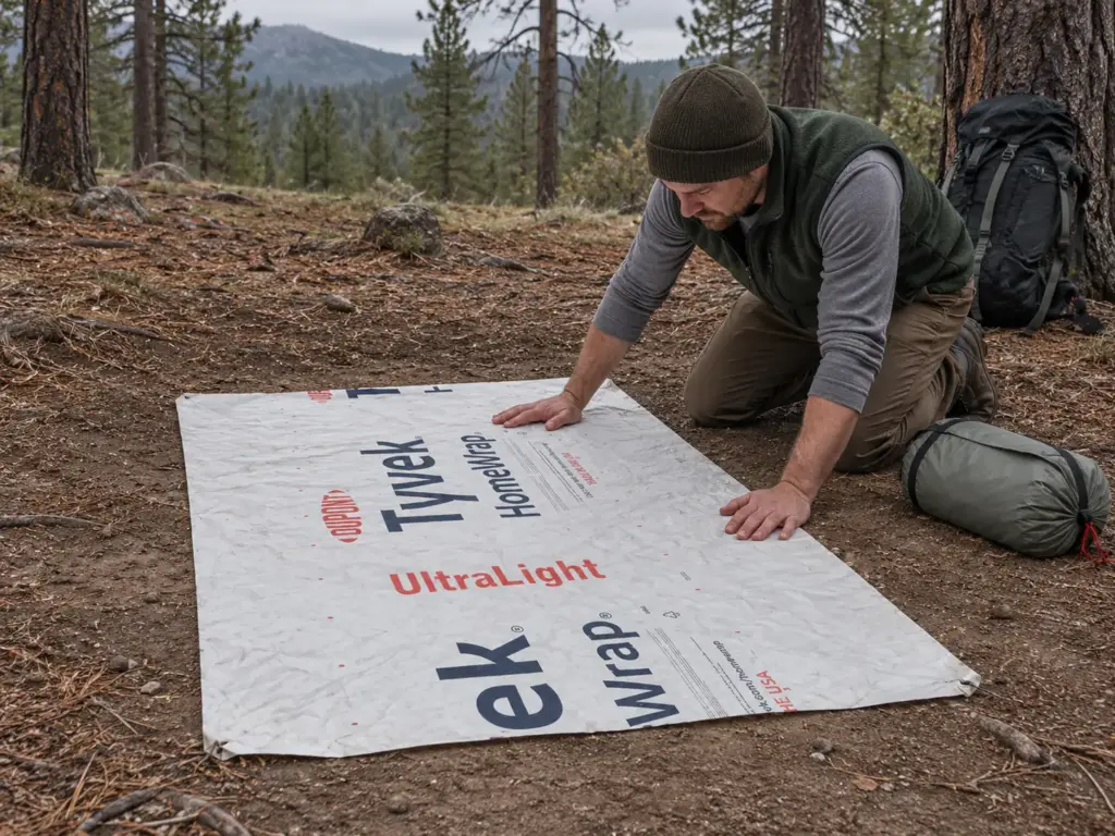 Backpacker spreading a Tyvek ground sheet on bare compacted dirt at an established campsite before pitching his tent