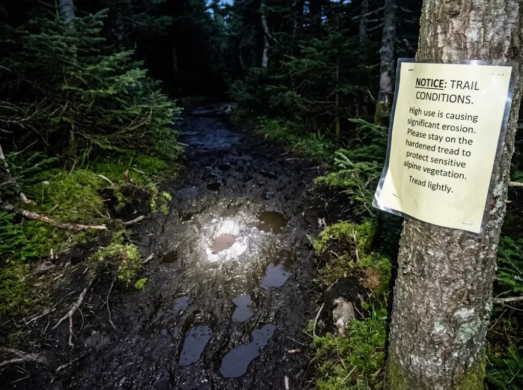 Saturated mud season trail tread and a closure notice on a Vermont mountain trail