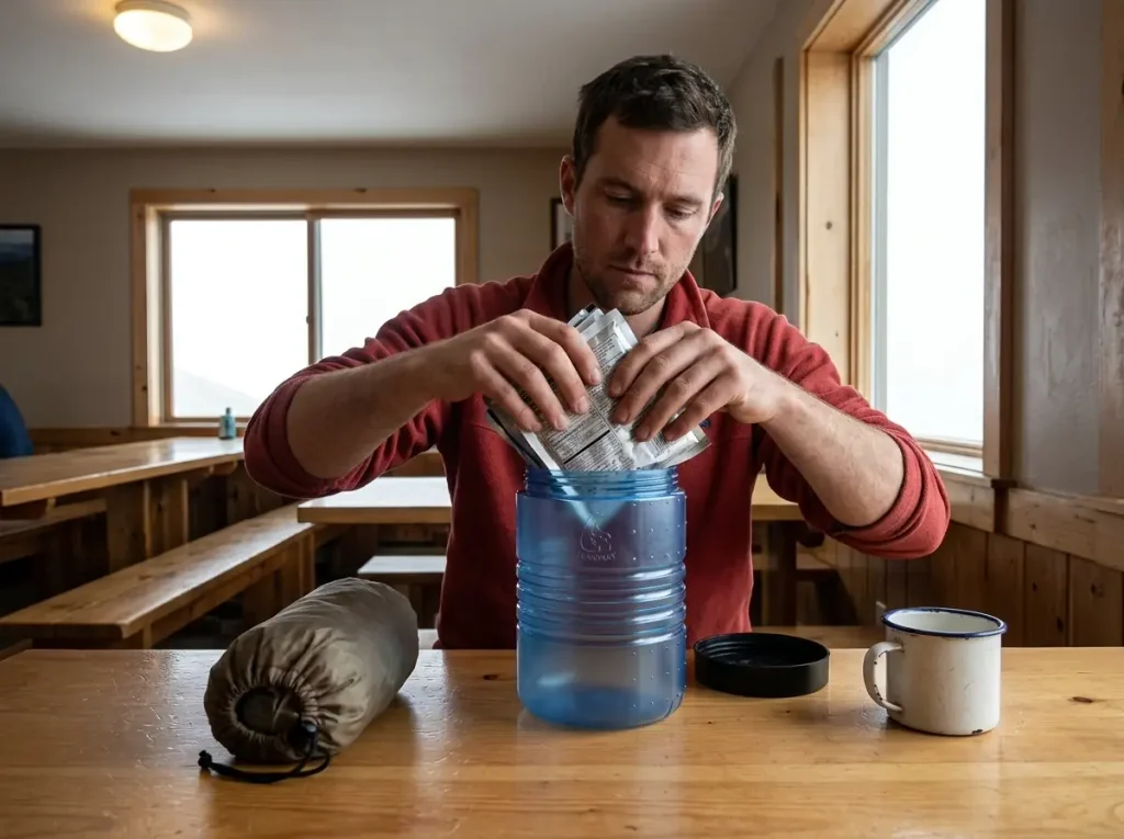 Bear canister on a hut table in the White Mountains while a hiker repacks food
