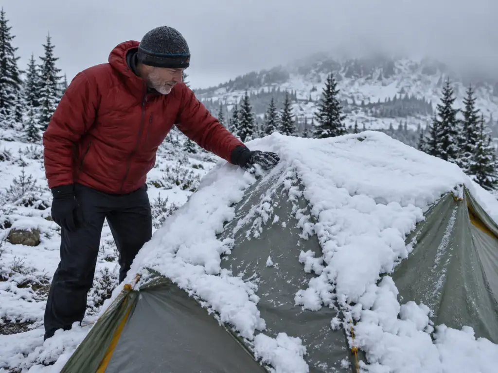 Backpacker brushing a layer of wet early-season snow off a sagging three-season tent at a subalpine campsite