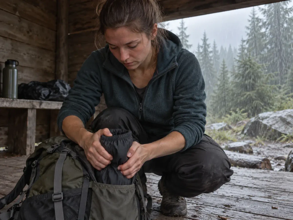 Budget hiking rain pants stuffed back into a pack under a wet trail shelter