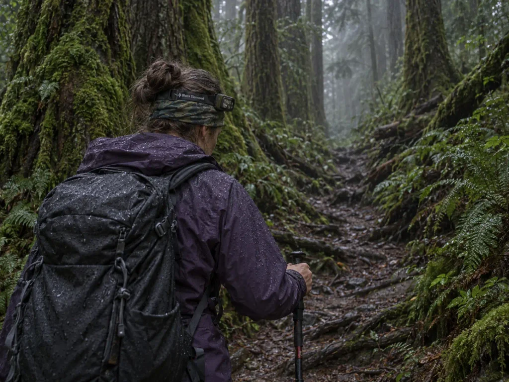 Hiker on a dim old growth forest trail, the go call for hiking in the rain