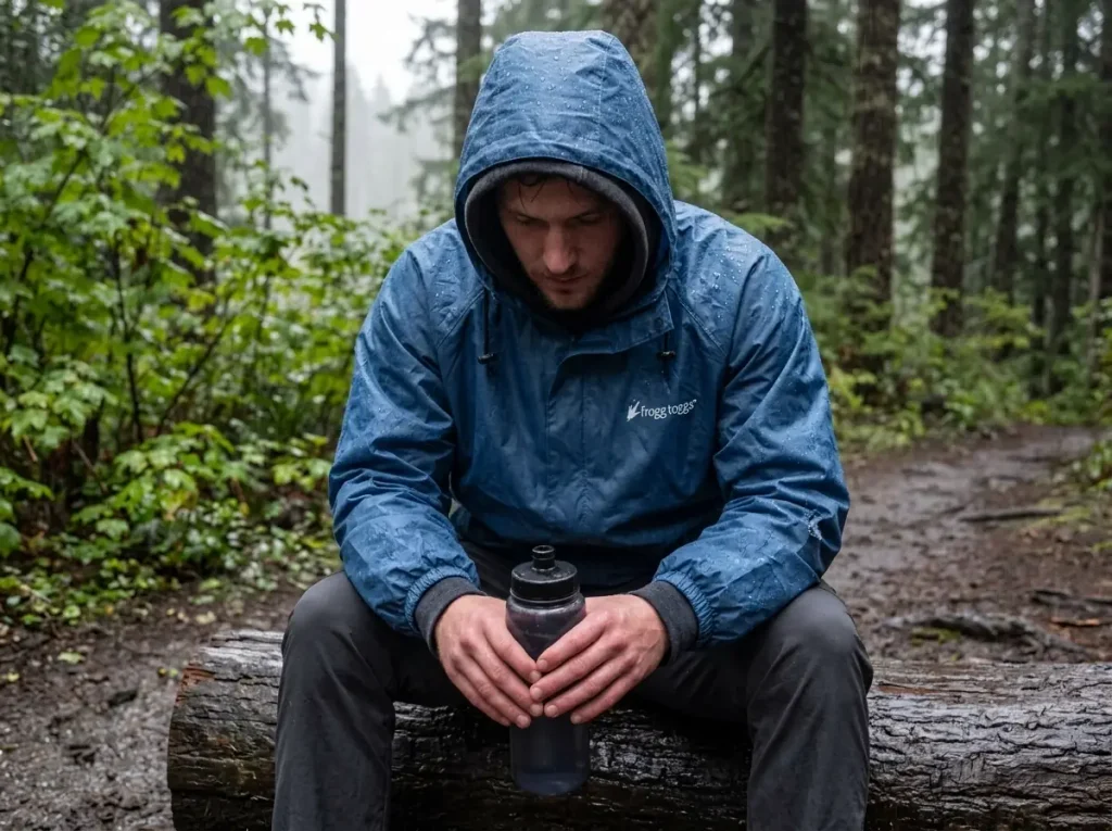 Budget Frogg Toggs Ultra-Lite2 rain jacket worn on a wet trail break in the Cascades