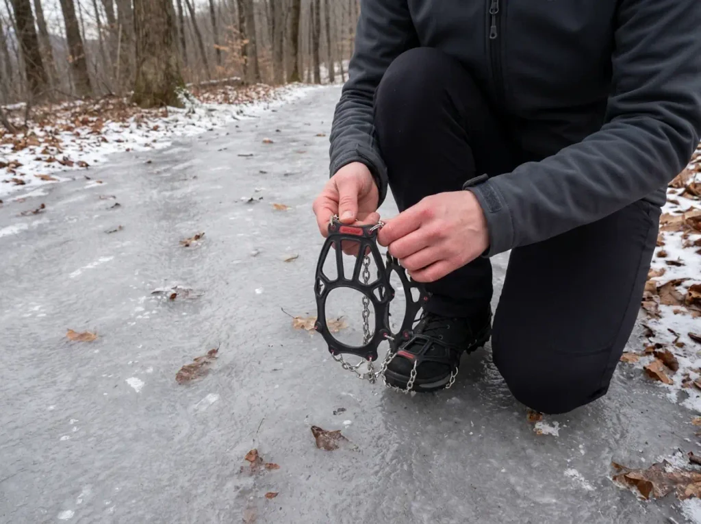 Kahtoola MICROspikes held in hand at an icy upper trail section in the New York Catskills