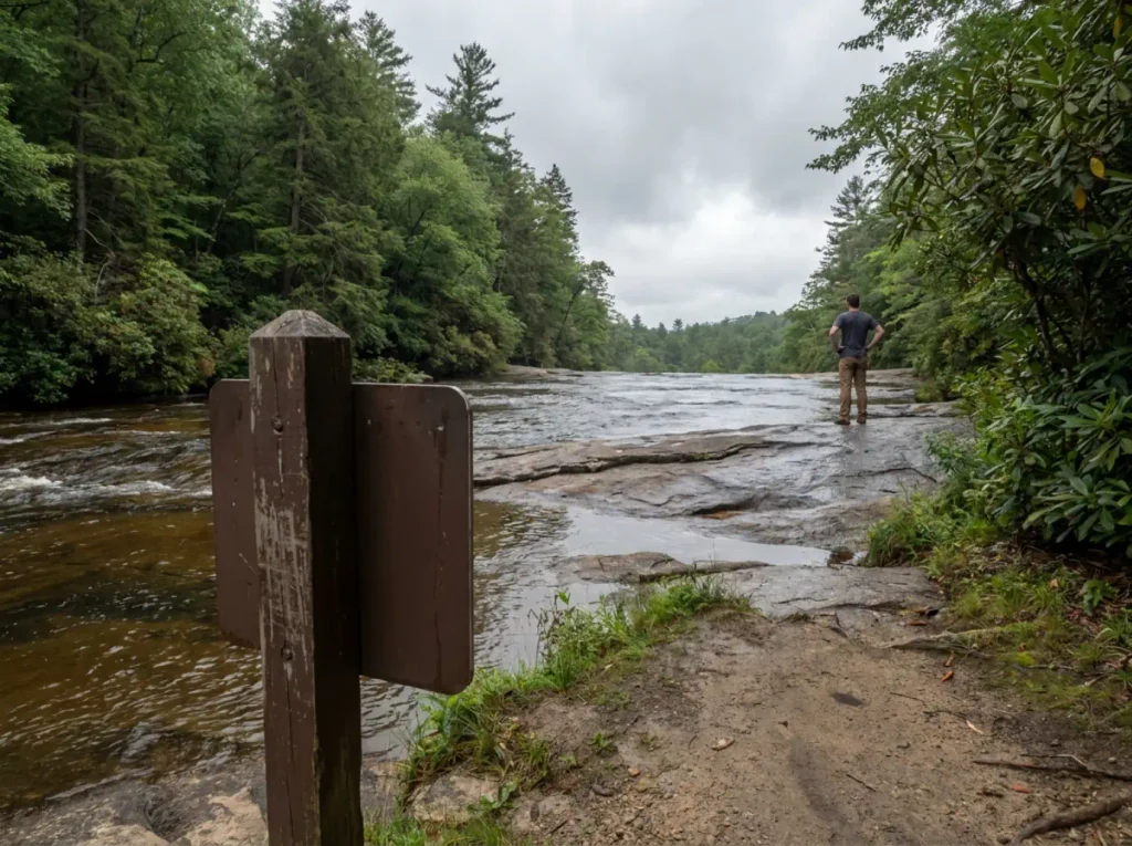Warning sign on the trail above Rainbow Falls on the Horsepasture River in North Carolina