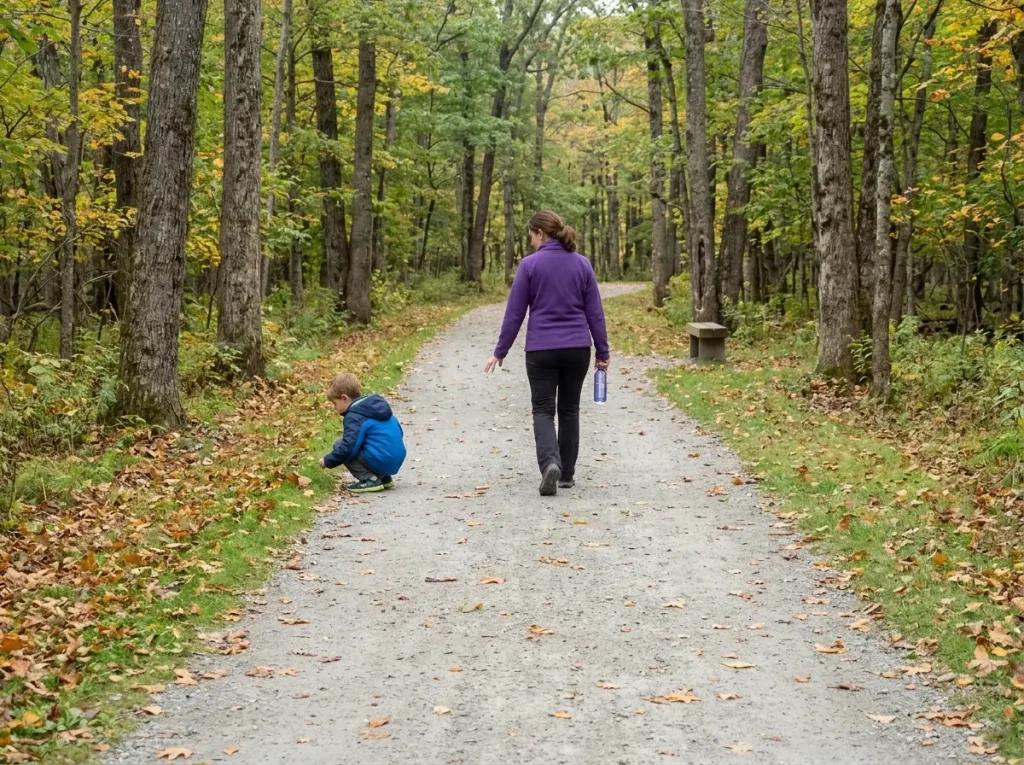 Family on the wide flat accessible loop trail at Camel's Hump State Park in Vermont