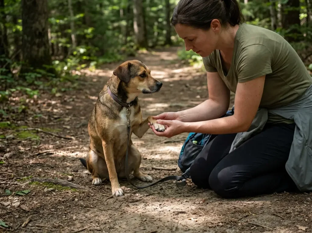 Hiker checking a dog's paws on a shaded waterfall trail off the Kancamagus Highway in New Hampshire