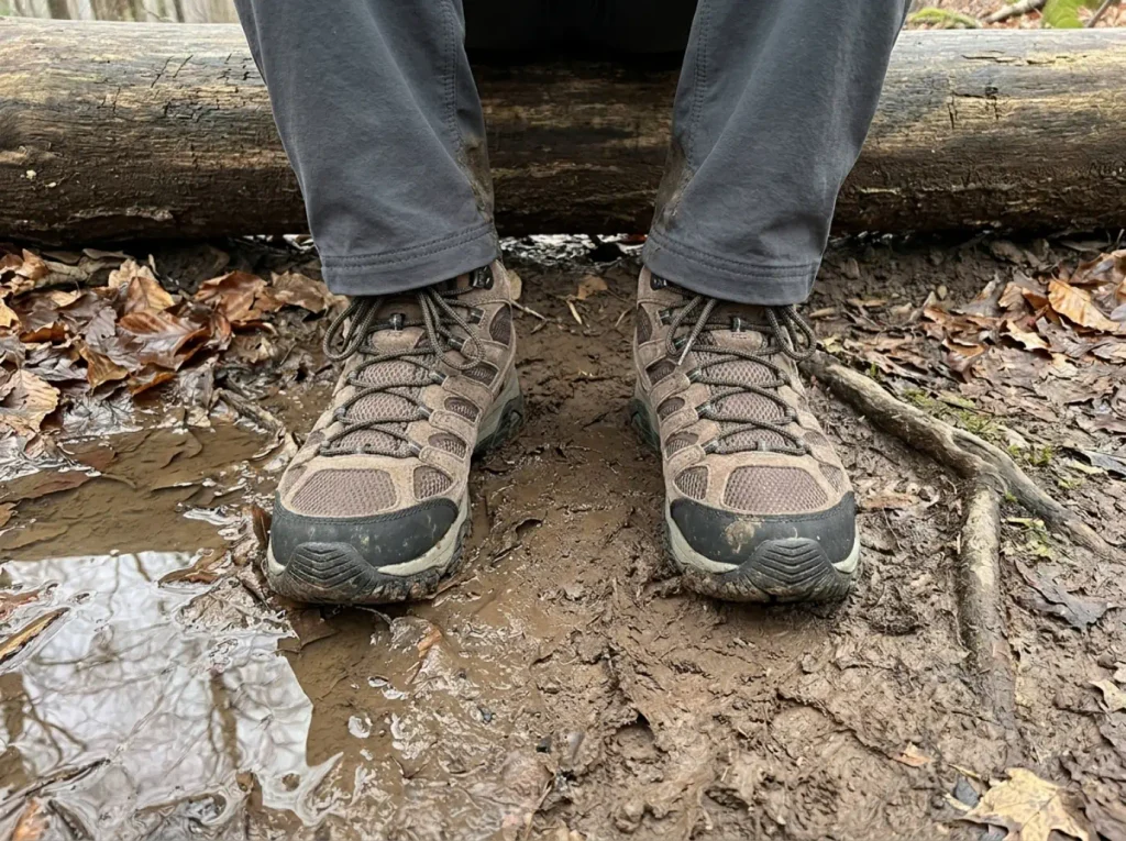 Merrell Moab 3 Mid Waterproof boots caked with mud on a wet Catskills trail in New York
