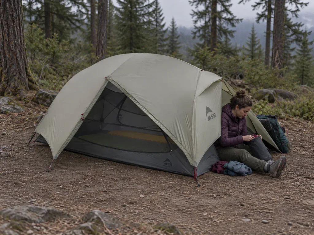 An MSR Hubba Hubba LT2 pitched at a forest campsite with both doors open for ventilation