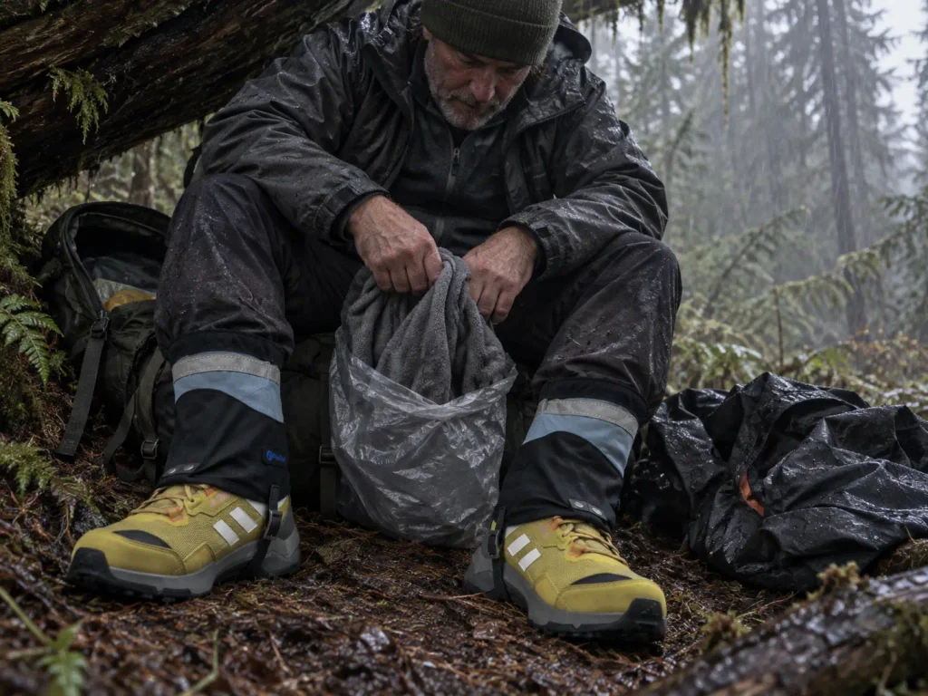 Hiker stopped under shelter pulling on a dry layer after getting soaked in the rain