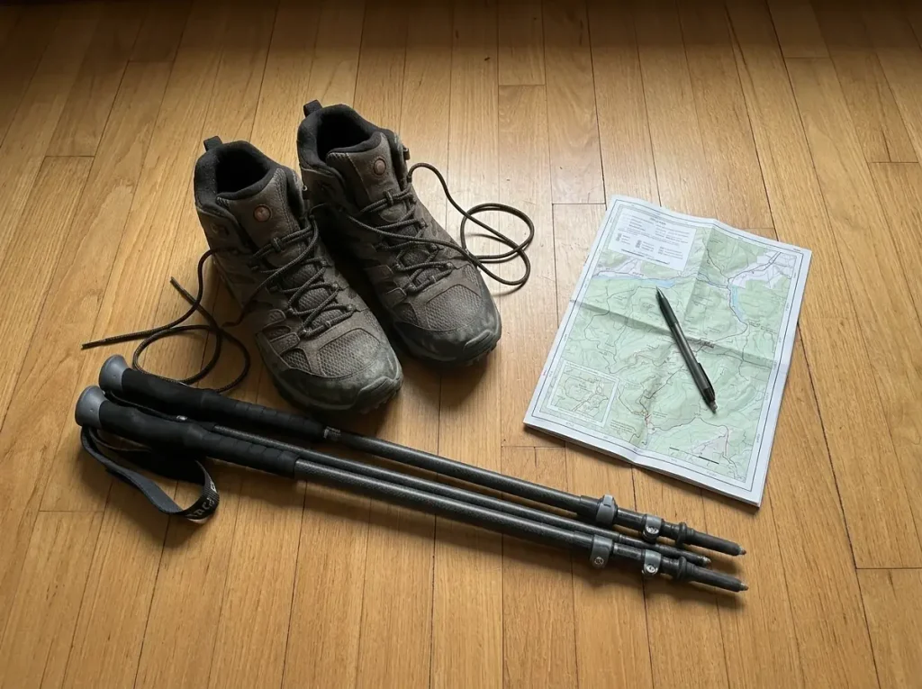 Hiking boots and trekking poles laid out on a floor while planning a multi-day White Mountains trip
