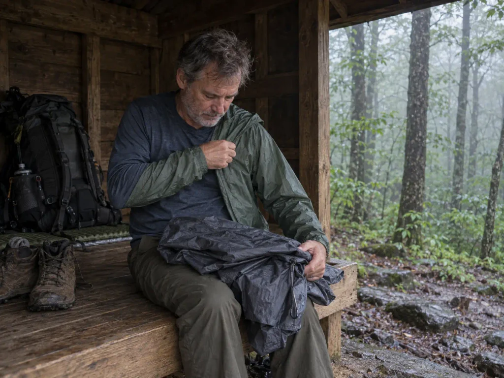 Hiker holding a light wind shirt and a poncho, deciding what to layer for the day