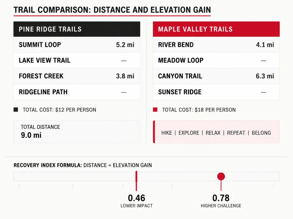 Comparison chart splitting Vermont hikes into long-and-steep versus technical-or-exposed with a gain-per-mile scale