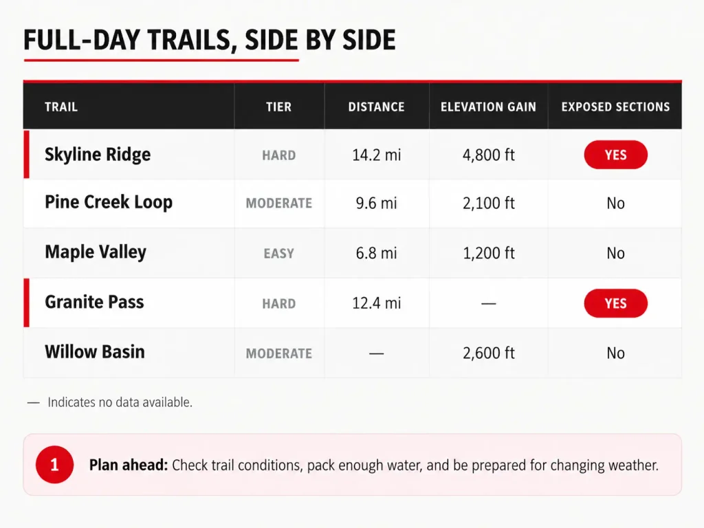 Comparison table of White Mountains full-day hikes showing distance, elevation gain and which trails run above treeline