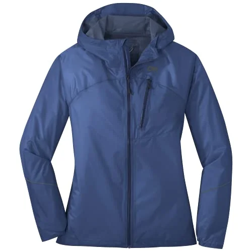 Outdoor Research Helium women's ultralight rain jacket that packs into its own pocket for daypack carry