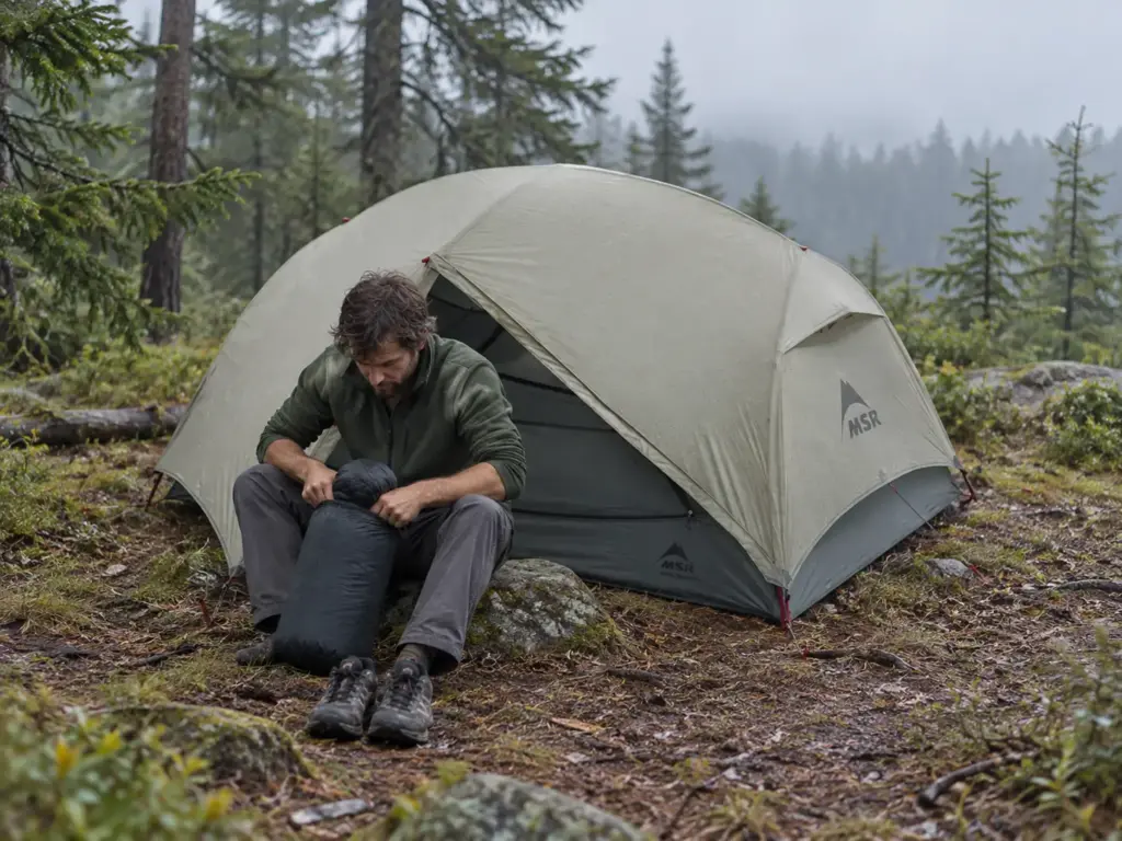 Man sitting at the open door of a pitched backpacking tent on a grey morning, packing a sleeping bag into its stuff sack