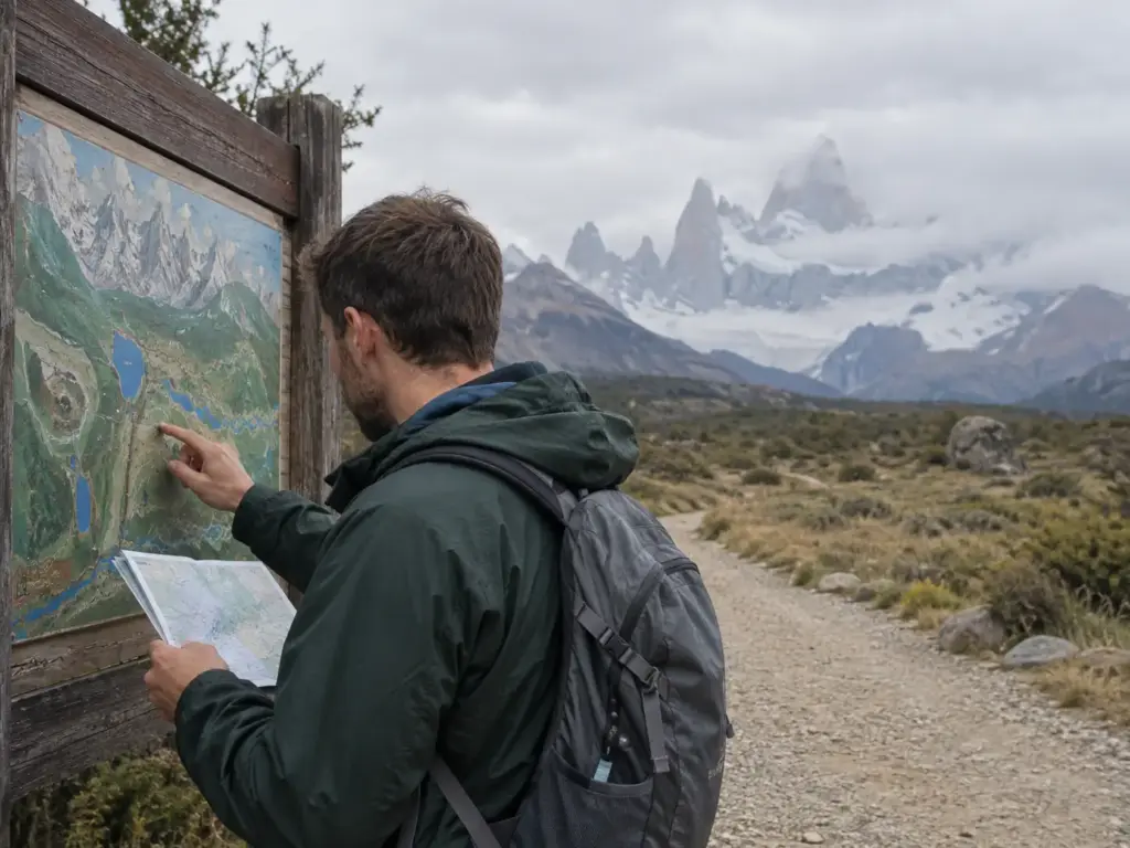 Hiker studying a trailhead map board at the edge of El Chaltén with the Fitz Roy massif in cloud, best hikes in Patagonia