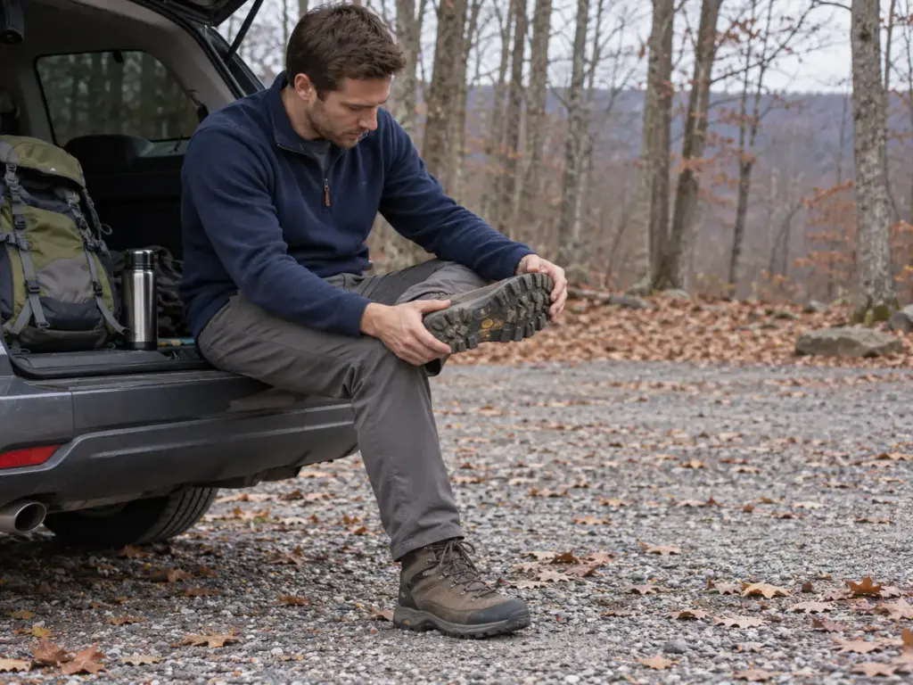 A man on a car tailgate at a forest trailhead checks the sole of a mid-cut hiking boot before his first hike