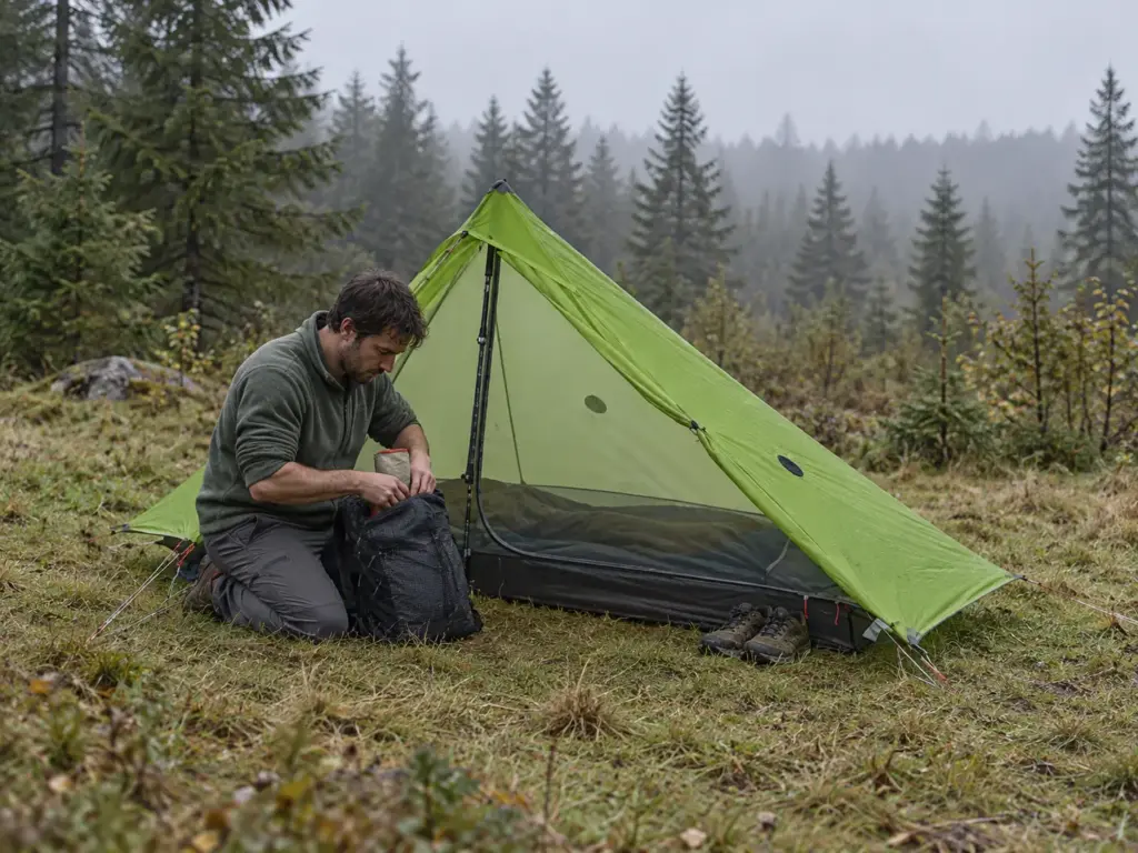 Man kneeling at the open door of a pitched one-person ultralight tent on a grey morning, packing a food bag into his pack