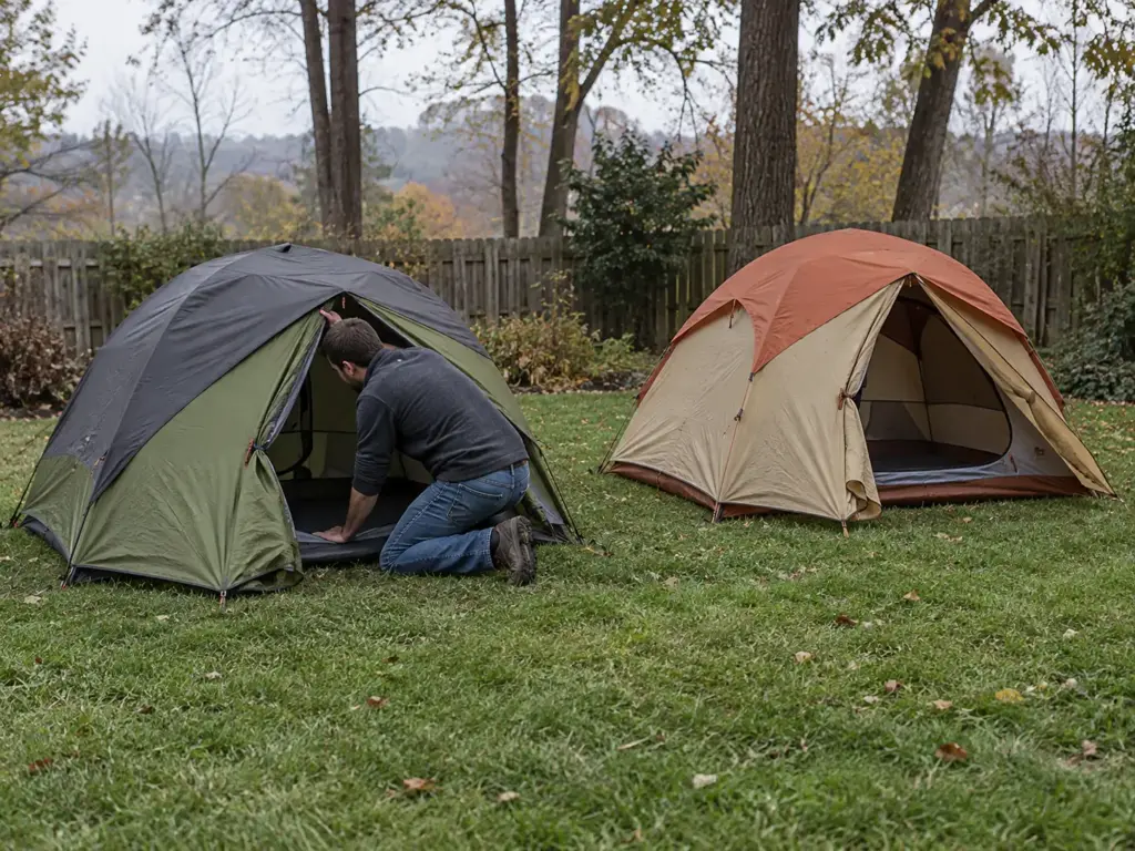 Man kneeling at the open door of one of two dome tents pitched side by side on a lawn to compare Blacktail vs Tungsten tents