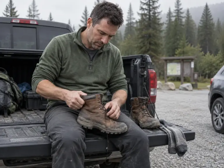 Man on a truck tailgate checking the heel of a worn-in leather hiking boot before he breaks in a new pair