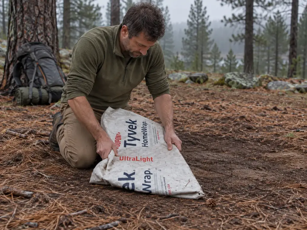 Hiker folding a Tyvek groundsheet on the bare patch of ground where his tent stood, a pine-needle campsite after packing up