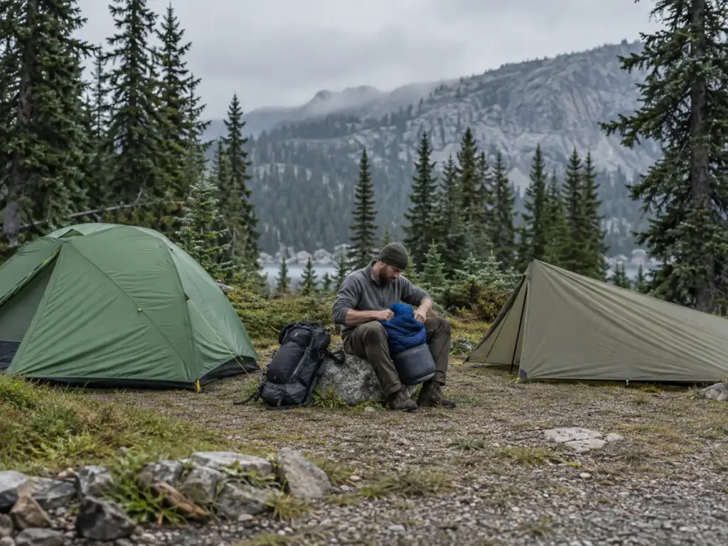 Backpacker packing up beside a freestanding dome tent and a trekking-pole tent pitched side by side at a campsite