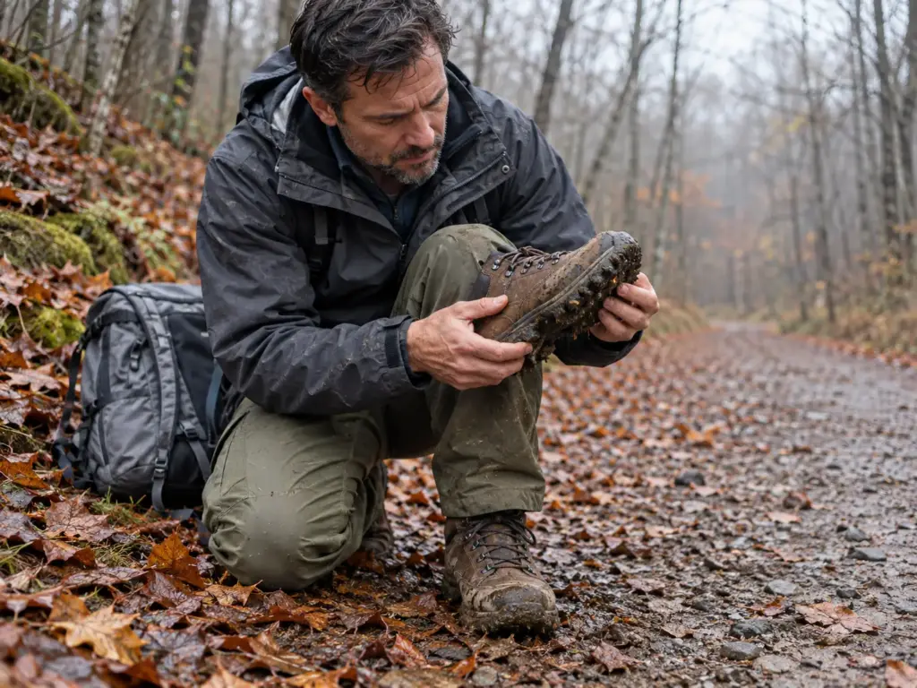 Hiker kneeling on a wet trail inspecting the sole edge of a boot to see how it is attached, welt or cemented