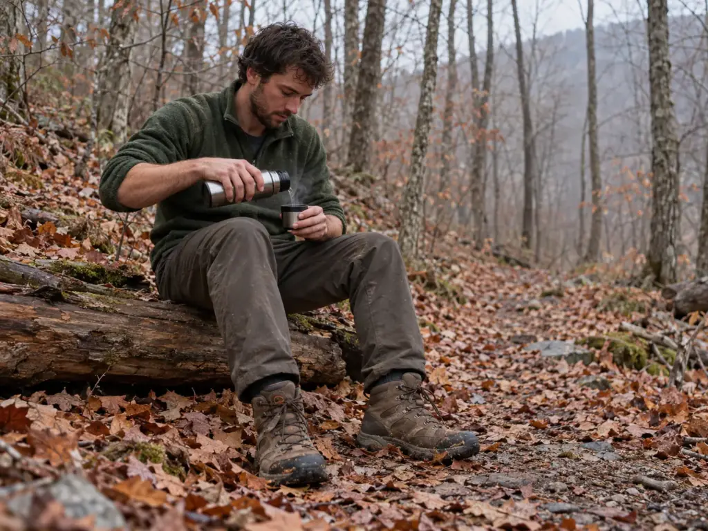 Man resting on a fallen log beside a hardwood trail pouring tea, his hiking boots dusted with fallen leaves