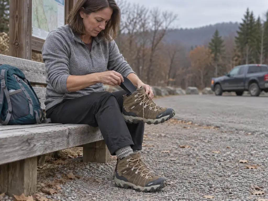 Woman at a trailhead pulling the removable insole out of an Oboz Bridger Mid hiking boot for plantar fasciitis