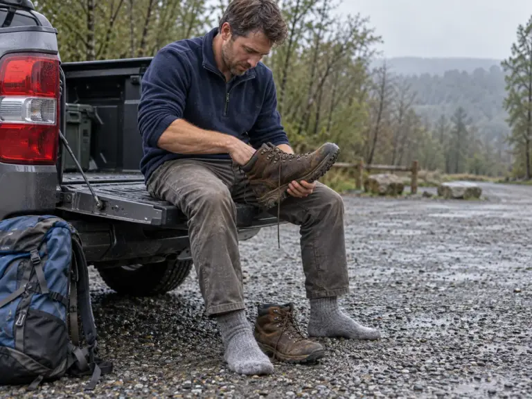 Hiker feeling the toe box room of hiking boots for wide feet while sitting on a truck tailgate at a trailhead