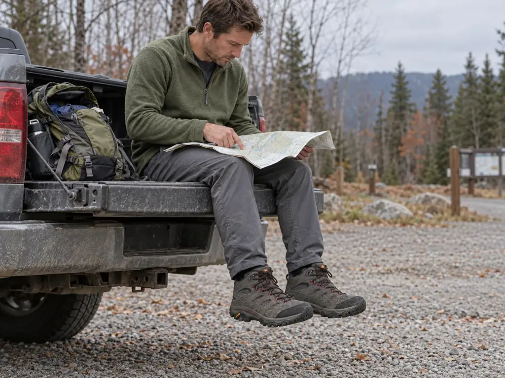 Hiker in mid-cut hiking boots sitting on a truck tailgate at a trailhead, reading a paper map before a day hike