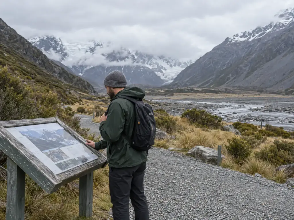 Hiker reading the track information board at the start of the Hooker Valley Track in Aoraki Mount Cook National Park