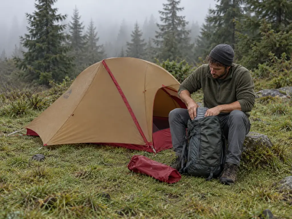 Man sitting at the open door of a pitched two-person backpacking tent, pushing a sleeping pad into his pack