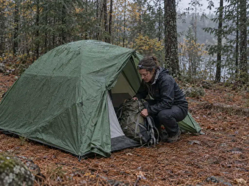 Woman dragging her pack into the vestibule of a pitched green backpacking tent in a light drizzle at dusk