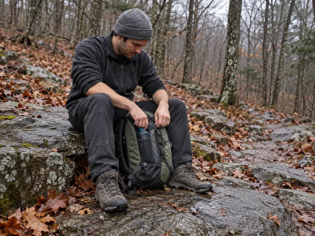 Man in his thirties resting on a boulder beside a rocky trail with his lightweight hiking boots damp from wet stone