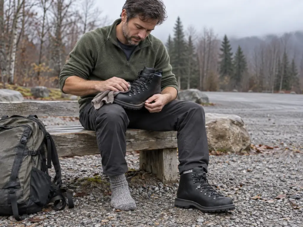Hiker wiping the leather of his Danner Mountain Light II men's leather hiking boot on a trailhead bench after a hike