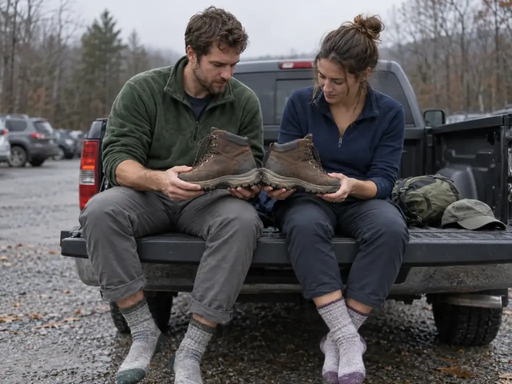 Man and woman comparing a men's and a women's hiking boot heel to heel on a pickup tailgate at a trailhead