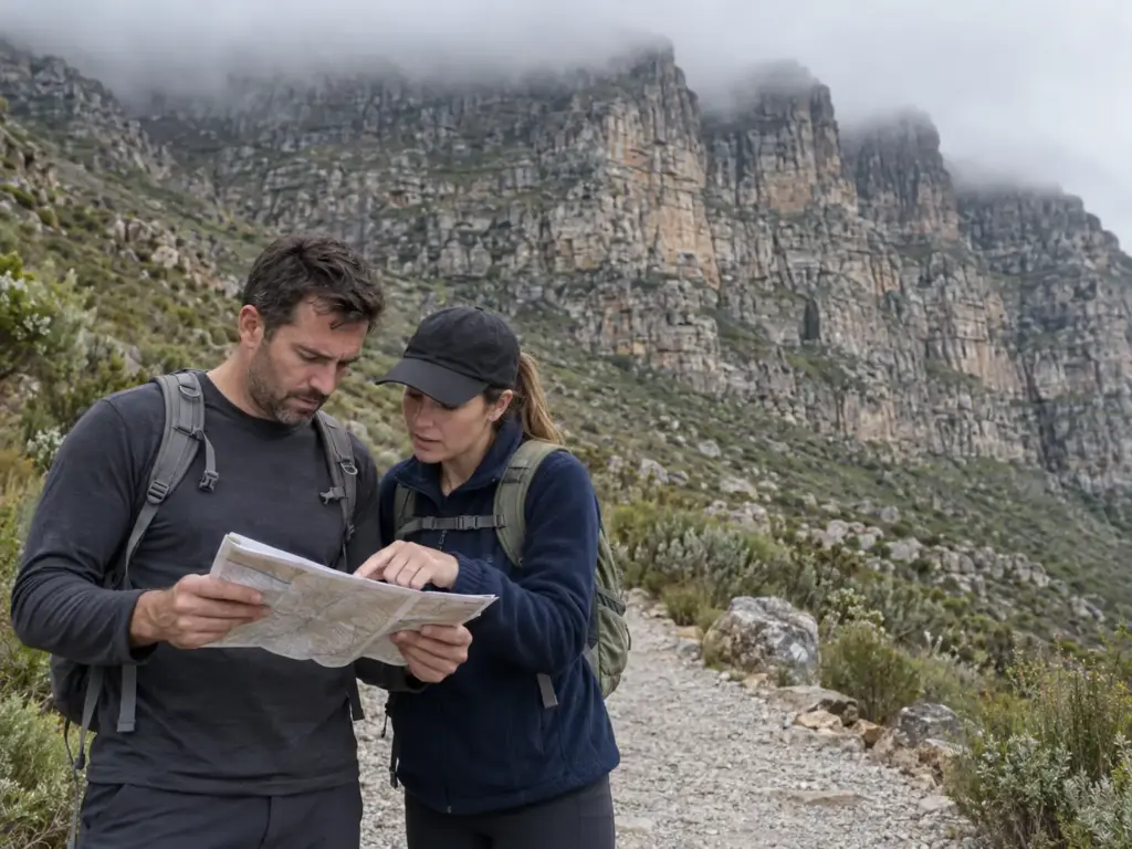 Two hikers pause at the base of Platteklip Gorge on Table Mountain to check a printed route sheet under low cloud