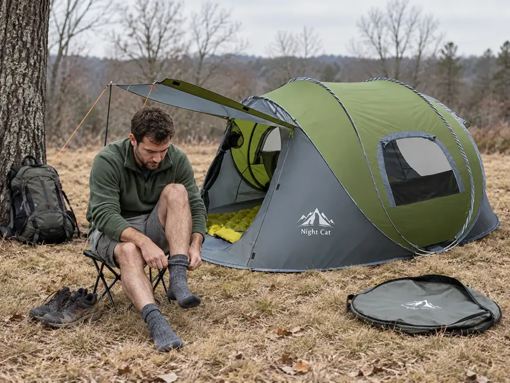 Man pulling on a sock on a camp stool in front of an open Night Cat pop-out tent at a campground on a grey afternoon