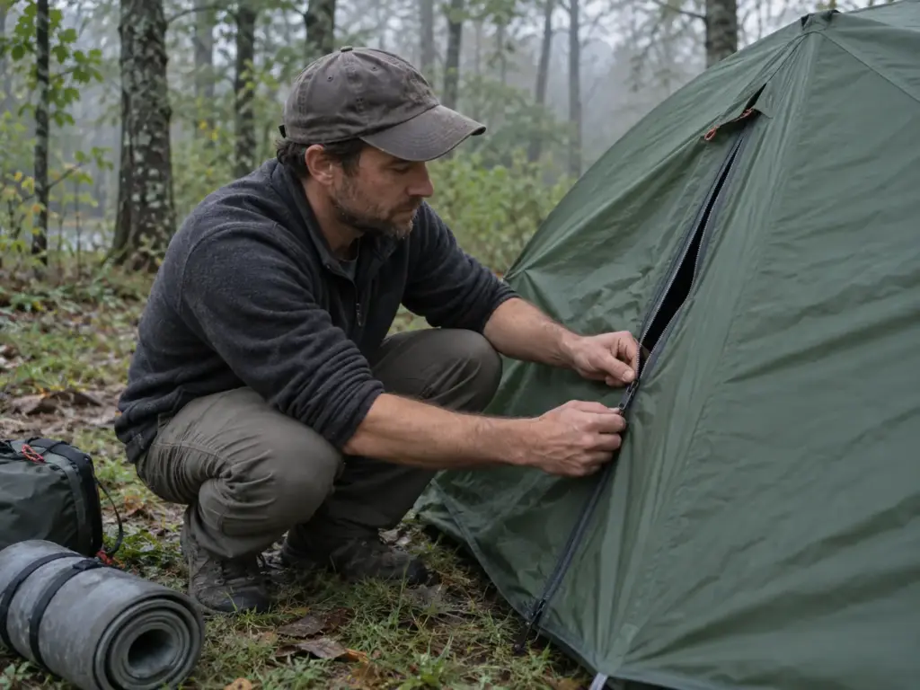 Hiker crouching at his backpacking tent door, watching the zipper split open behind the slider