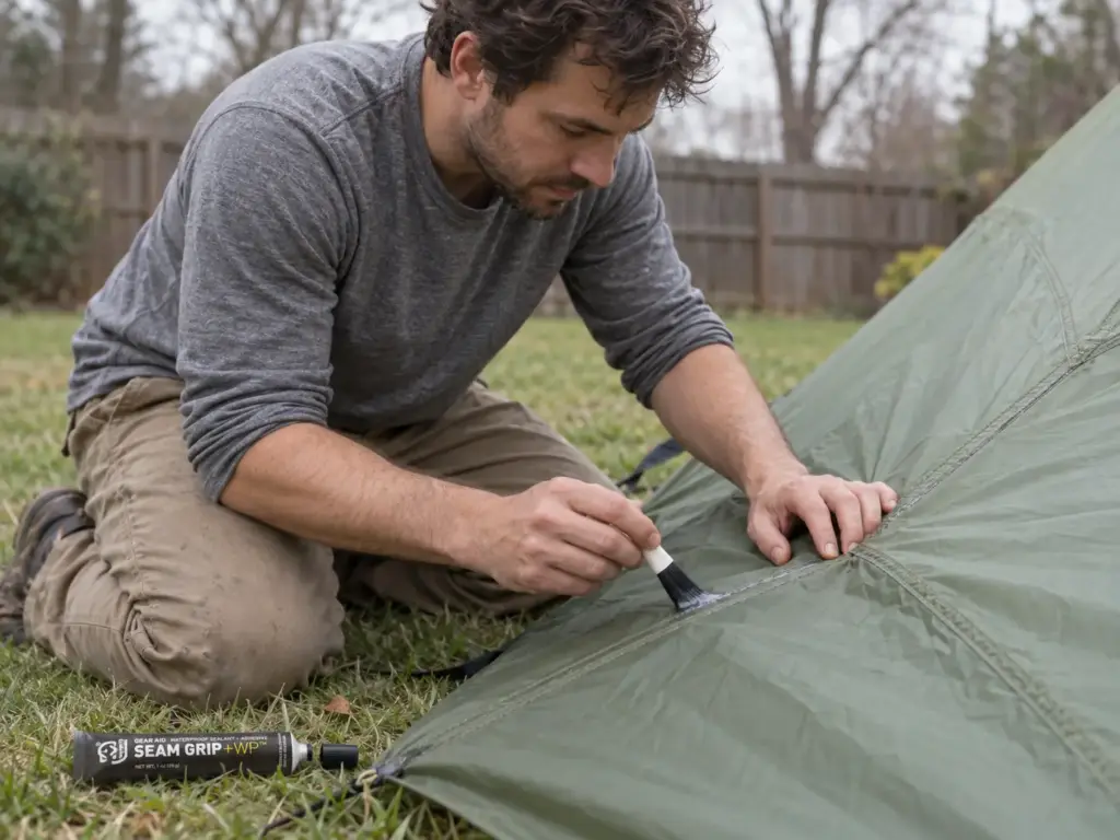 Man brushing a thin line of Seam Grip WP sealer along a tent seam on a taut rainfly staked out on a lawn