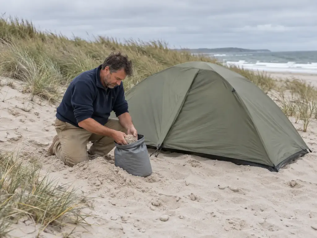 Man kneeling beside a pitched dome tent filling a nylon stuff sack with sand at a windy beach campsite behind the dunes