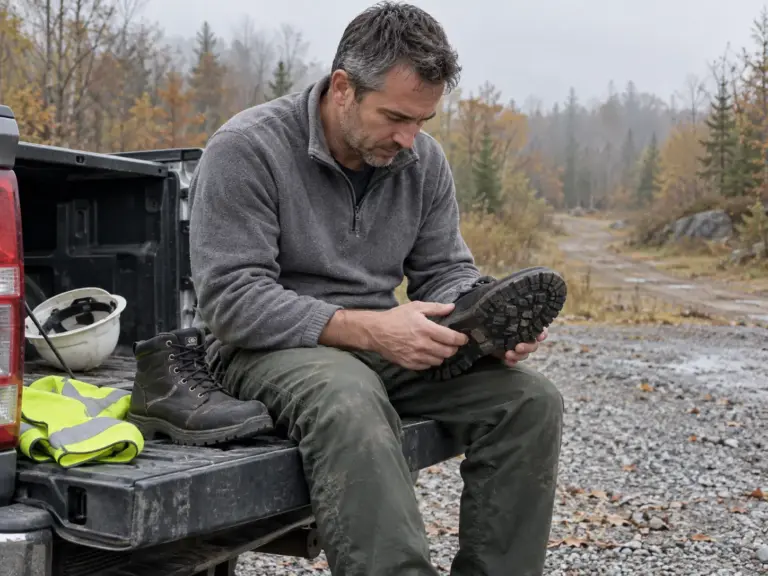 Man in his 40s on a pickup tailgate at a trailhead pull-out turning over a black steel-toe hiking boot to check the sole