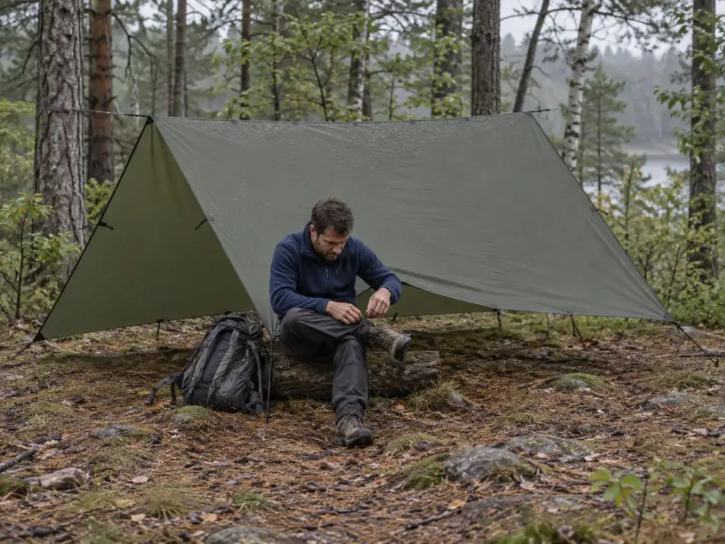 Hiker lacing a boot at the open end of a pitched A-frame tarp shelter in a damp pine and birch clearing
