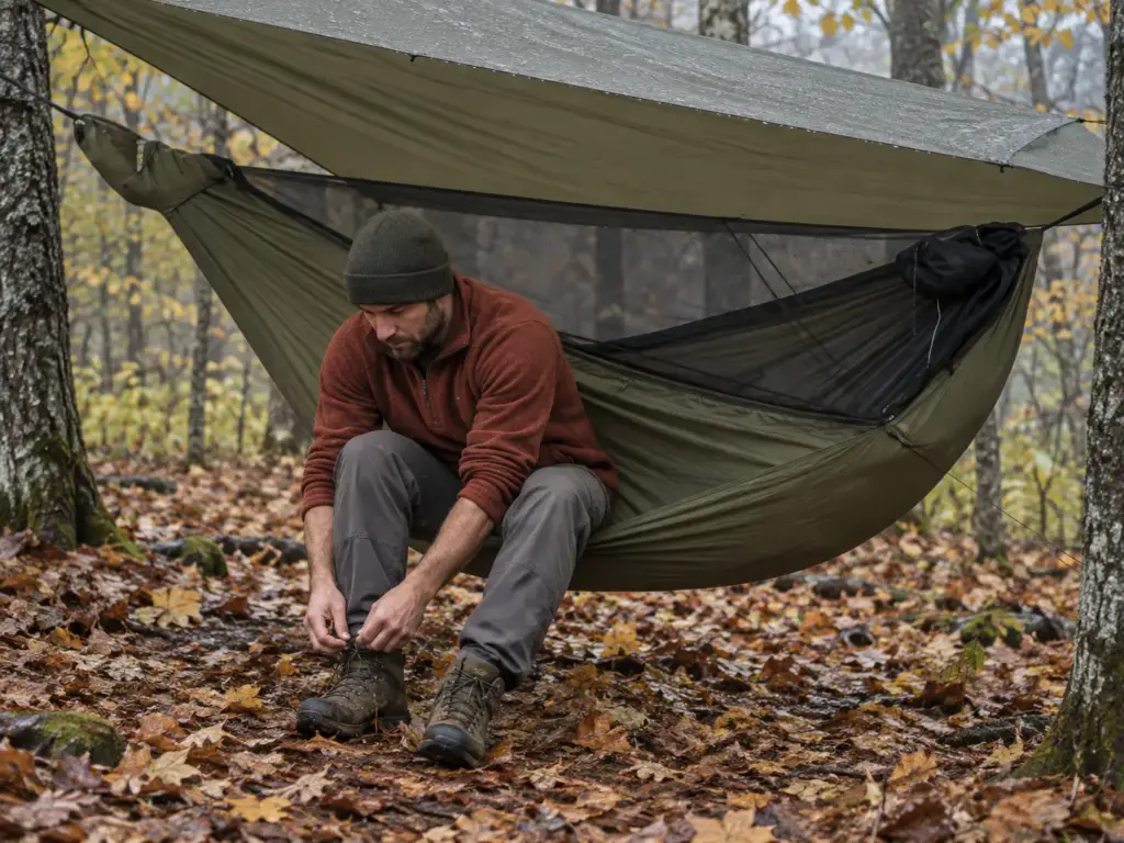 Man lacing his boots on the edge of a low hammock under a tarp at a hardwood campsite on a damp autumn morning